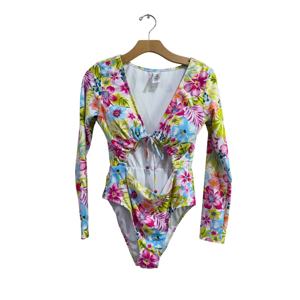 Celebrity Pink Floral Cut Out Long Sleeve One Piece Swimsuit Size L